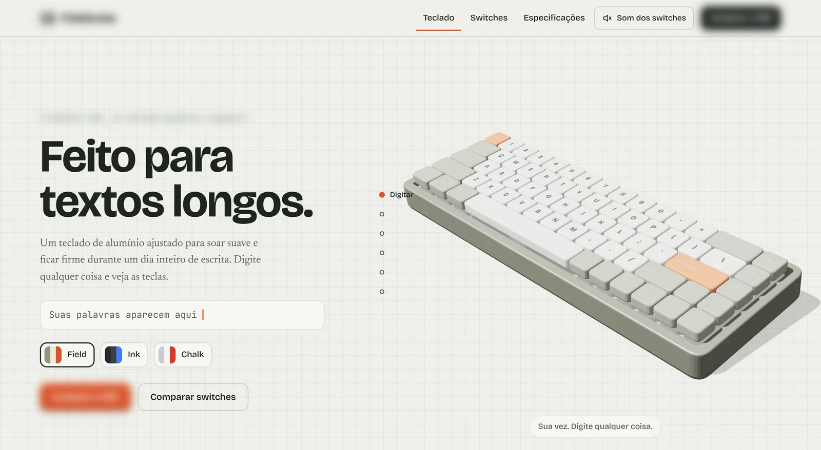 Página inicial de um site de teclado mecânico